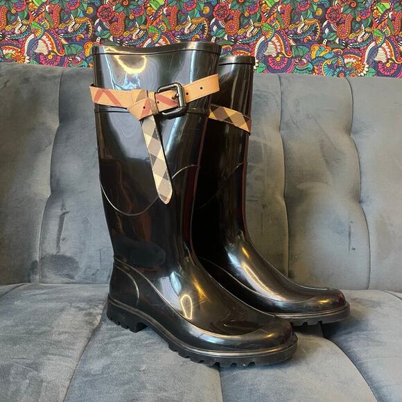 Burberry Black Kenyon Nova Plaid Belt Waterproof Rubber Rainboots US 6.5  EU 37 - Picture 1 of 11